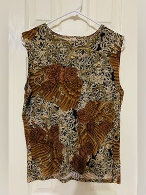 Susan Lawrence Beige & Brown Floral Wing Print Sleeveless Tank